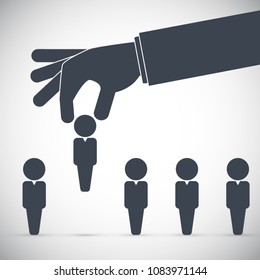 Human resource concept - hand picking right choice from the businessmen silhouettes group. Vector illustration in simple flat style.