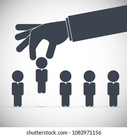 Human resource concept - hand picking right choice from the businessmen silhouettes group. Vector illustration in simple flat style.