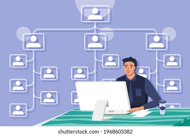 Human Resource Department or HRD Draw Up a Schematic Chart of Company or Government Hierarchy in Desktop Computer. Corporate Flat Vector Illustration.