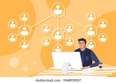 Human Resource Department or HRD Draw Up a Schematic Chart of Company or Government Hierarchy in Desktop Computer. Corporate Flat Vector Illustration.