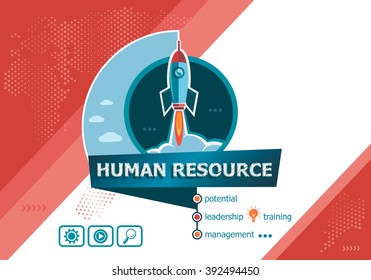 Human resource design concepts for business analysis, planning, consulting, team work, project management. Human resource concept on background with rocket. 