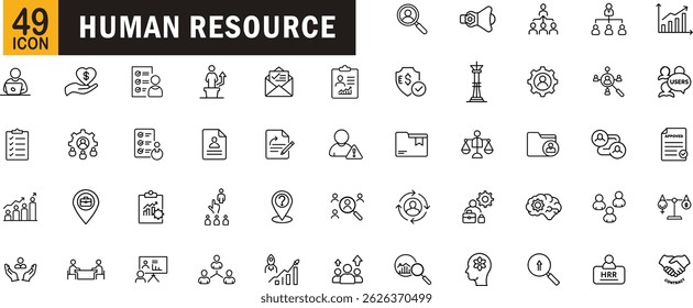 Human resource editable outline icon set. Recruitment, employee management, HR processes, onboarding, talent search, payroll, performance review and more.