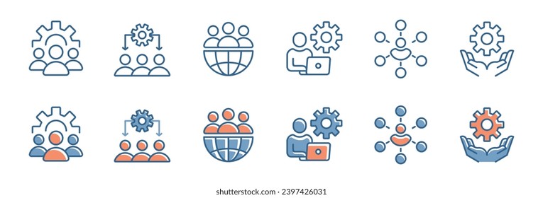 human resource employee structure organization icon set business teamwork diagram hierarchy management with gear cogwheel vector illustration for web and app
