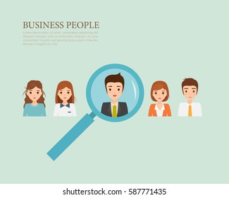 Human resource finding people concept to job with a magnifer. Business people character.
