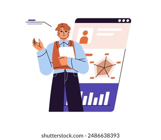 Human resource, hiring, HR concept. Candidate for job with resume. CV of recruit with skill graph. Searching of office worker, selecting, choice of employee. Flat isolated vector illustration on white