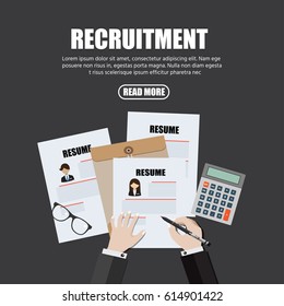 Human resource or HR management info graphic element and background. recruitment process. Flat designed vector illustration.