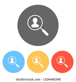 Human resource icon. person symbol in magnifying glass. Search profile. Set of white icons on colored circles