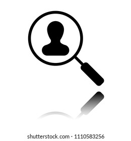 Human resource icon. person symbol in magnifying glass. Search profile. Black icon with mirror reflection on white background
