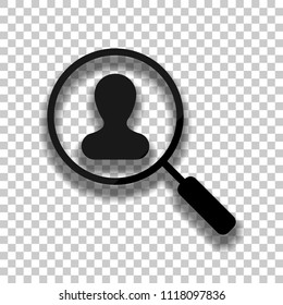 Human resource icon. person symbol in magnifying glass. Search profile. Black glass icon with soft shadow on transparent background