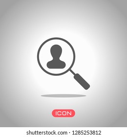 Human Resource Icon. Person Symbol In Magnifying Glass. Search Profile. Icon Under Spotlight. Gray Background