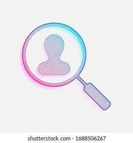Human resource icon. person symbol in magnifying glass. Search profile. Technology logo with diagonal lines and colored gradient. Neon graphic, light effect. Blue and red colors