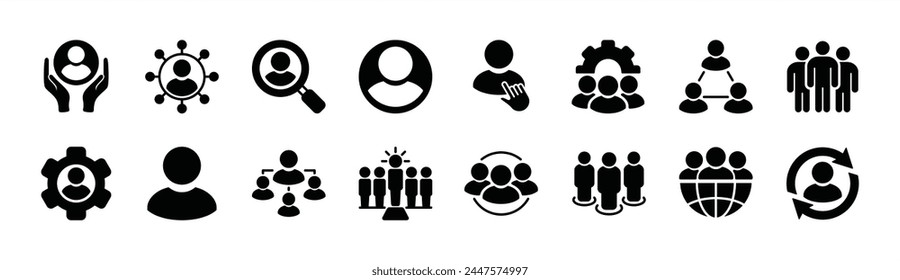 Human resource icon set. Containing leadership, people, employee, manager, teamwork, partnership, recruitment, group, organisation, global connection business management. Vector illustration