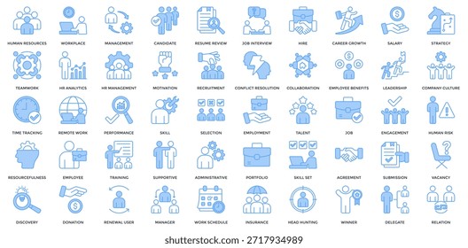 Human Resource icon set. Containing workplace, management, employee, recruitment, job interview, hire, skill, company culture, strategy, teamwork, HR management icon. Lineal Blue style