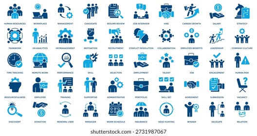 Conjunto de ícones de Recursos Humanos. Contendo local de trabalho, gerenciamento, funcionário, recrutamento, entrevista de emprego, contratação, habilidade, cultura da empresa, estratégia, trabalho em equipe, ícone de gerenciamento de RH. Estilo de tom duplo