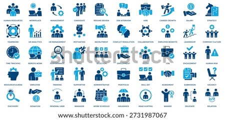 Human Resource icon set. Containing workplace, management, employee, recruitment, job interview, hire, skill, company culture, strategy, teamwork, HR management icon. Dual Tone style