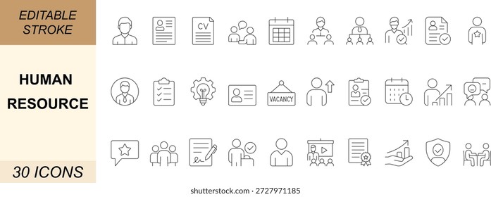 Conjunto de iconos de recursos humanos. Con empleado, recluta, entrevista, trabajo, nómina, capacitación, carrera y administración. Ideal para herramientas corporativas, sistemas de RRHH y plataformas de negocio. Trazo editable.
