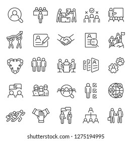 Human Resource, Icon Set. Job Hunting And Employee Search. Interview And Recruitment, Linear Icons. Team Work, Business People. Line With Editable Stroke.