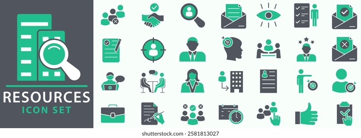 Human resource, icon set. Job hunting and employee search. Interview and recruitment, set icons. team work, business people. set icons vector illustration