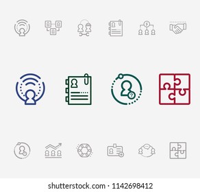 Human resource icon set and team morale with cooperation, hr flow chart and unity. Management related human resource icon vector for web UI logo design.