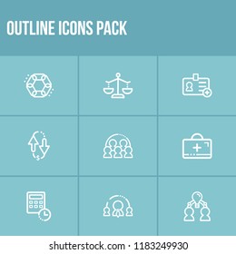 Human resource icon set and training management with legal advice, unity and team meeting. Id card related human resource icon vector for web UI logo design.