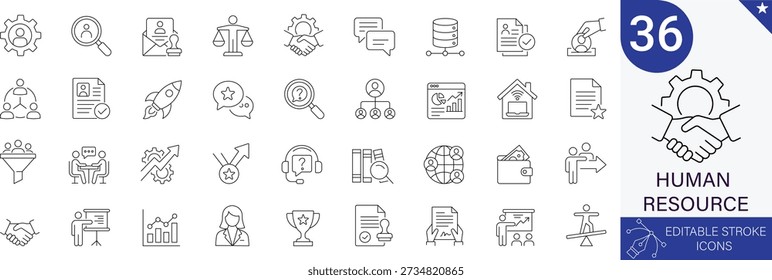Humanressourcensymbole festgelegt. Rekrutierung, Einstellung, Management, Teamarbeit, Lebenslauf, Interview, Karriere, Mitarbeiter. 36 professionelle Liniensymbole mit editierbarem Strich. ideal für Business und Std.