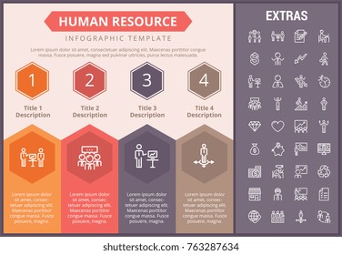 Human resource infographic timeline template, elements and icons. Infograph includes numbered options, line icon set with human resources manager, employee, business worker, corporate leader etc.