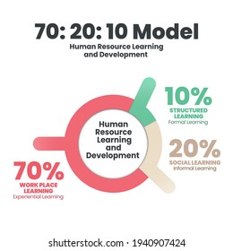 Human resource learning and development round chart vector is illustrated 70:20:10 model of learning has 3 element, On-the-Job or 70 % percent experiential learning, 20% social and 10% formal learning