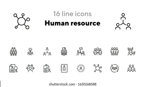 Conjunto de iconos de línea de recursos humanos. Conjunto de iconos de línea en fondo blanco. Grupo, estructura, reanudación. Concepto de carrera. La ilustración vectorial se puede utilizar para temas como