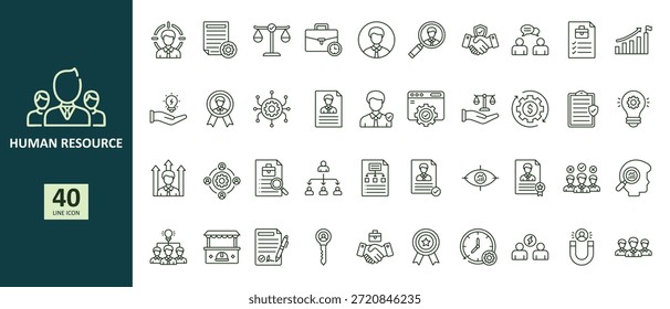 Conjunto de iconos de línea de recursos humanos, gestión de recursos humanos, contratación, trabajo en equipo, liderazgo y Personas comerciales.
