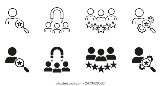 Human Resource Line and Silhouette Icon Set. Headhunting Black Pictogram. Find Job, Search Talent Employee Symbol Collection. Recruitment Agency Sign. Isolated Vector Illustration.