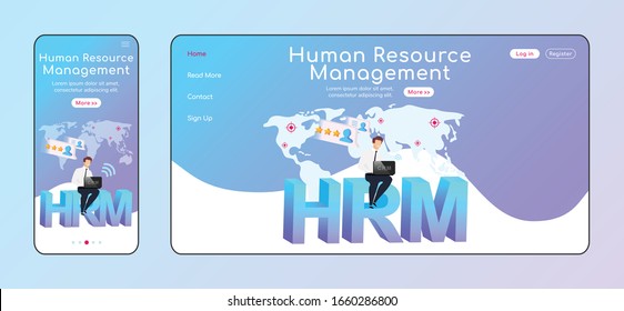 Human resource management adaptive landing page flat color vector template. Smiling man keeps laptop mobile, PC homepage layout. HRM system one page website UI. World map webpage cross platform design