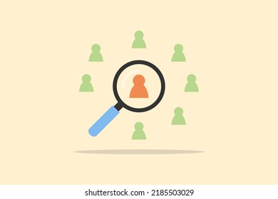 Human resource management concept. Magnifier glass focus on the orange human icon for a select employee. Human development recruitment, customer target.