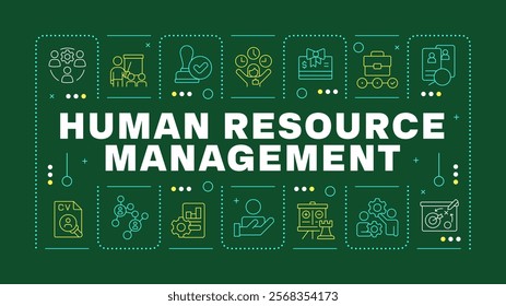 Human resource management dark green word concept. Strategy of company staff workflow organization. Horizontal vector image. Headline text surrounded by editable outline icons