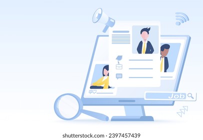 Human resource management and employee hiring concept. Job position, experience, opportunity, finding skill, opportunity. Job recruitment process. Flat vector design illustration with copy space.