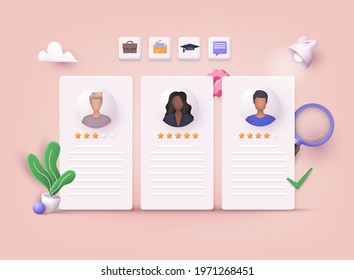 Human resource management and hiring concept. Job interview, recruitment agency vector illustration. 3D Vector Illustrations.