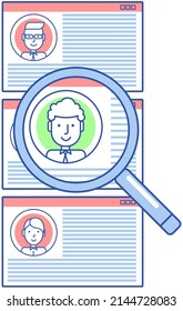 Human resource management and hiring concept. Job interview, recruitment agency program design. Web site for job search and employment opportunity. Selection of candidates, emploees via Internet