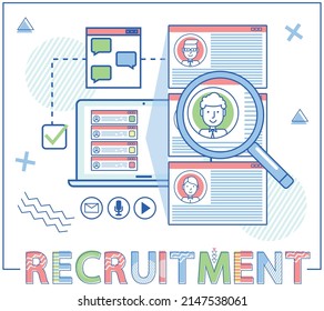 Human Resource Management And Hiring Concept. Job Interview, Recruitment Agency Program Design. Web Site For Job Search And Employment Opportunity. Selection Of Candidates, Emploees Via Internet