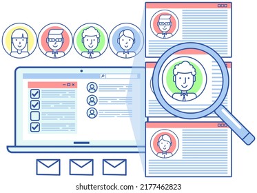 Human resource management and hiring concept. Job interview, recruitment agency program design. Web site for job search and employment opportunity. Selection of candidates, emploees via Internet