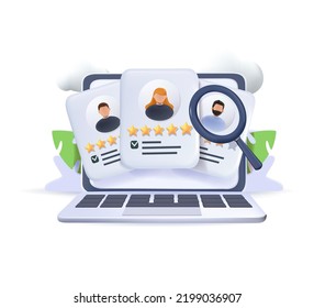 Human resource management and hiring concept. Online work service, freelance. Job interview, recruitment agency vector illustration. Feedback service, know your customer, analytics. 3D render Vector
