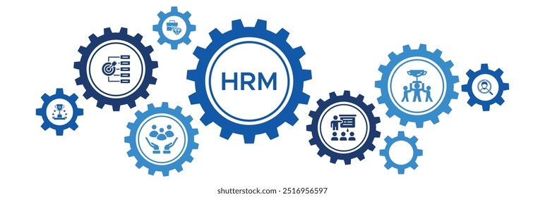 Concepto de Vector de Anuncio de Gestión de Recursos Humanos (HRM) con íconos para objetivos estratégicos, capacitación de empleados, contratación y éxito empresarial