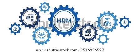 Human Resource Management (HRM) Banner Vector Concept with Icons for Strategic Objectives, Employee Training, Recruitment, and Business Success