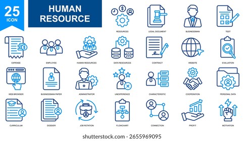 Colección de conjunto de iconos de Recursos Humanos y Administración. Vector de color de línea simple