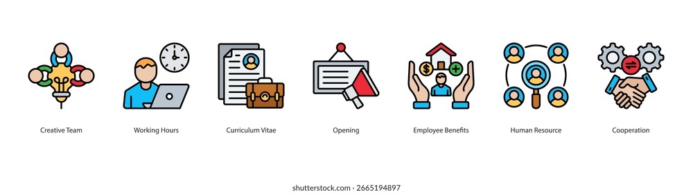 Human Resource Management Ikone Vektor Kreativteam, Arbeitszeiten, Lebenslauf, Eröffnung, Leistungen für Mitarbeiter, Personalwesen, Zusammenarbeit