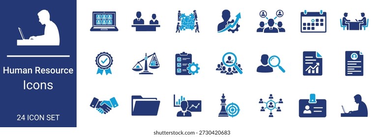Conjunto de iconos de gestión de recursos humanos Reclutamiento de negocios, adquisición de talento, creación de equipos, análisis de personal, revisión de rendimiento y desarrollo profesional Corporativa Iconos azules