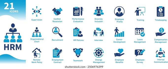 Human resource management icon. Solid vector icons collection on HRM, business, office work, interview, HR policies.