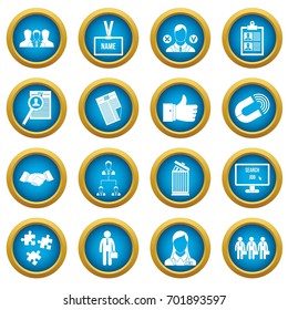 Human resource management icons blue circle set isolated on white for digital marketing