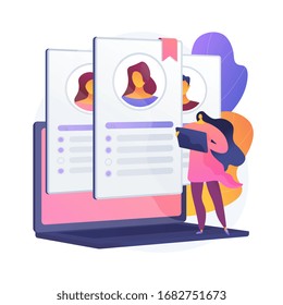 Human resource management. Job analysis, sourcing, screening and selection. Female cartoon character reading job applications and CV of candidatees. Vector isolated concept metaphor illustration