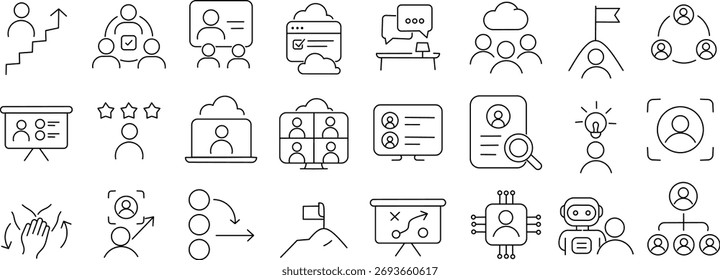 Conjunto De Ícones Da Linha Do Gerenciamento De Recursos Humanos. Inclui ícones de recrutamento, perfil do funcionário, crescimento da carreira, avaliação e hierarquia de equipe. Símbolos de contorno de traçado editáveis.