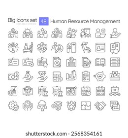 Human resource management linear icons set. Hiring staff for business development. Talents recruitment. Customizable thin line symbols. Isolated vector outline illustrations. Editable stroke