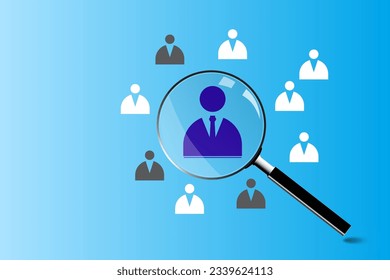 Human Resource Management, Magnifier glass focus to manager icon which is among staff icons for human 
development recruitment leadership and customer target group concept.